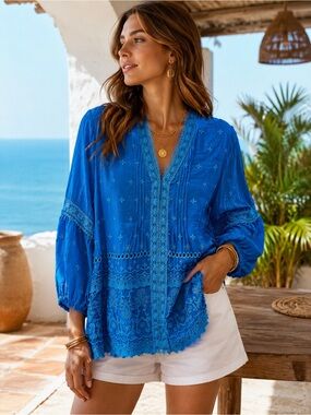 Johnny Was - Tatiana Embroidered Pintuck Blouse in Teal Blue - Size M